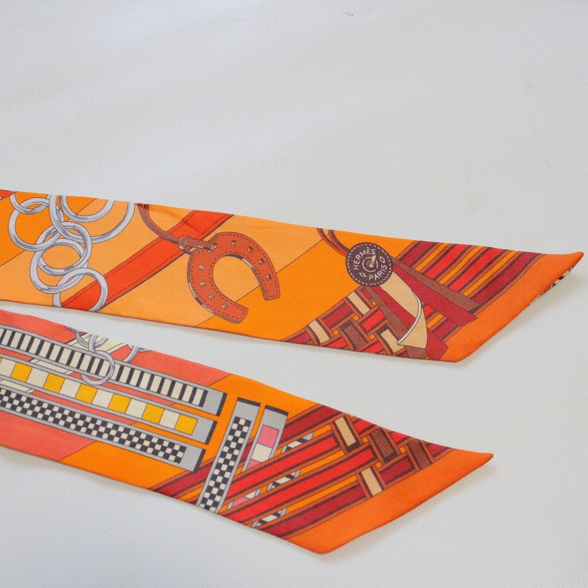 Hermes Twilly Bridle and Charm Silk 100% Orange Pawn Scarf — view 4
