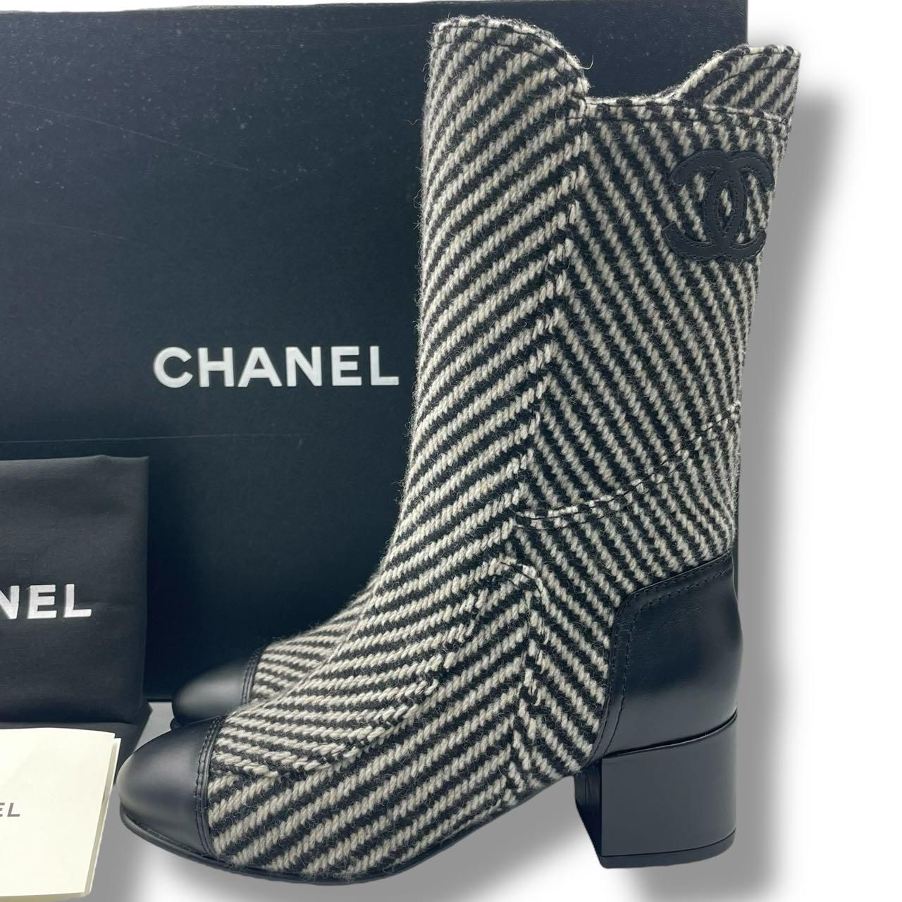 Chanel Boots CC Logo Black White Shoes Tweed Leather