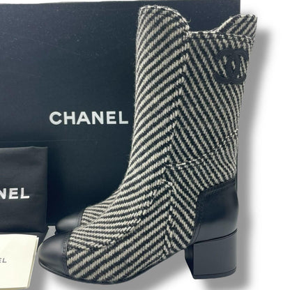 Chanel Boots CC Logo Black White Shoes Tweed Leather