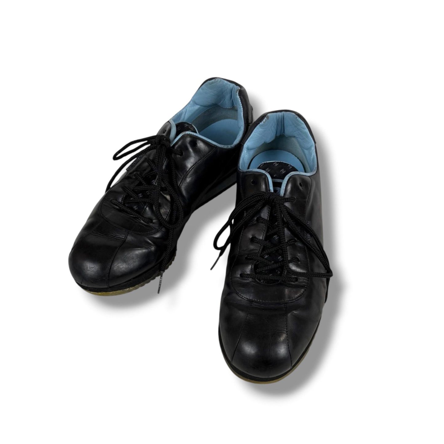 Chanel CC Logo Leather Low Cut Sneakers Black Light Blue — view 2