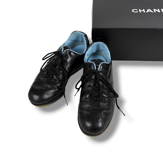 Chanel CC Logo Leather Low Cut Sneakers Black Light Blue