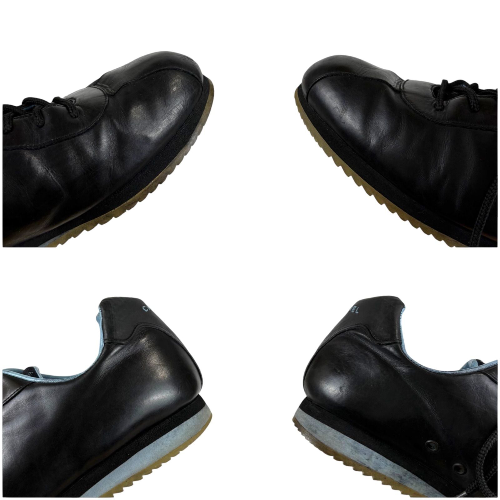 Chanel CC Logo Leather Low Cut Sneakers Black Light Blue — view 7