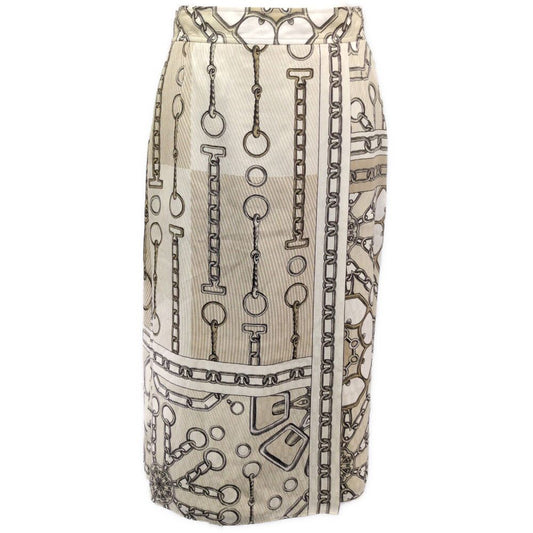 Hermes Silk Scarf Pattern Skirt 38 Beige