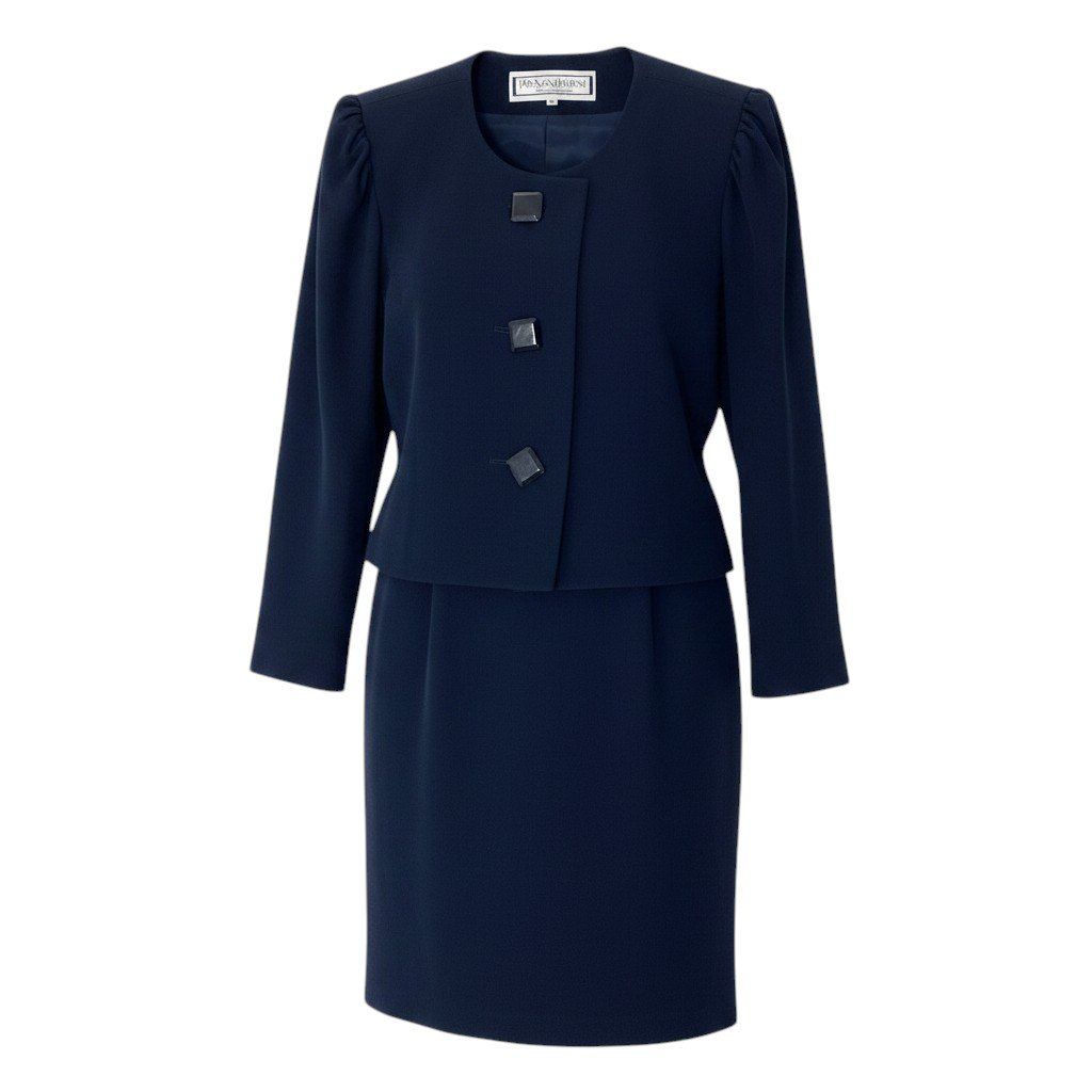 Saint Laurent Yves Set Skirt Collarless Jacket Tucked Navy Wool