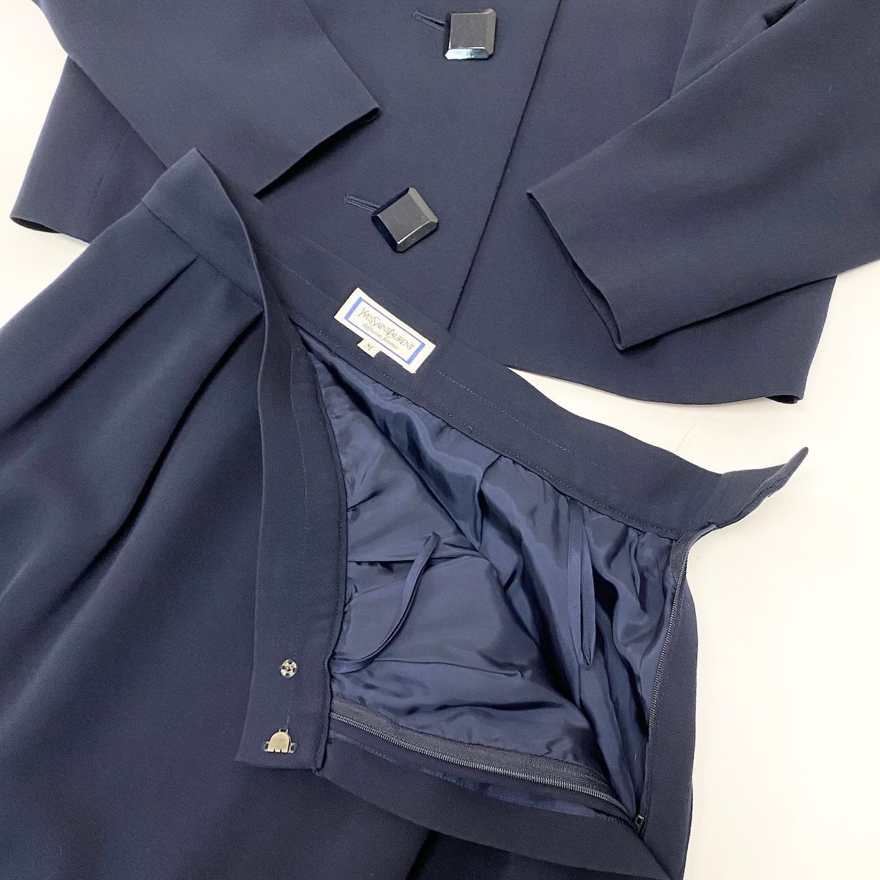 Saint Laurent Yves Set Skirt Collarless Jacket Tucked Navy Wool — view 5