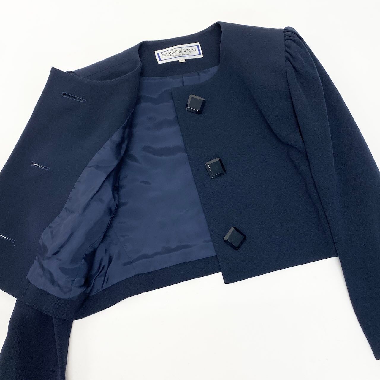 Saint Laurent Yves Set Skirt Collarless Jacket Tucked Navy Wool — view 4