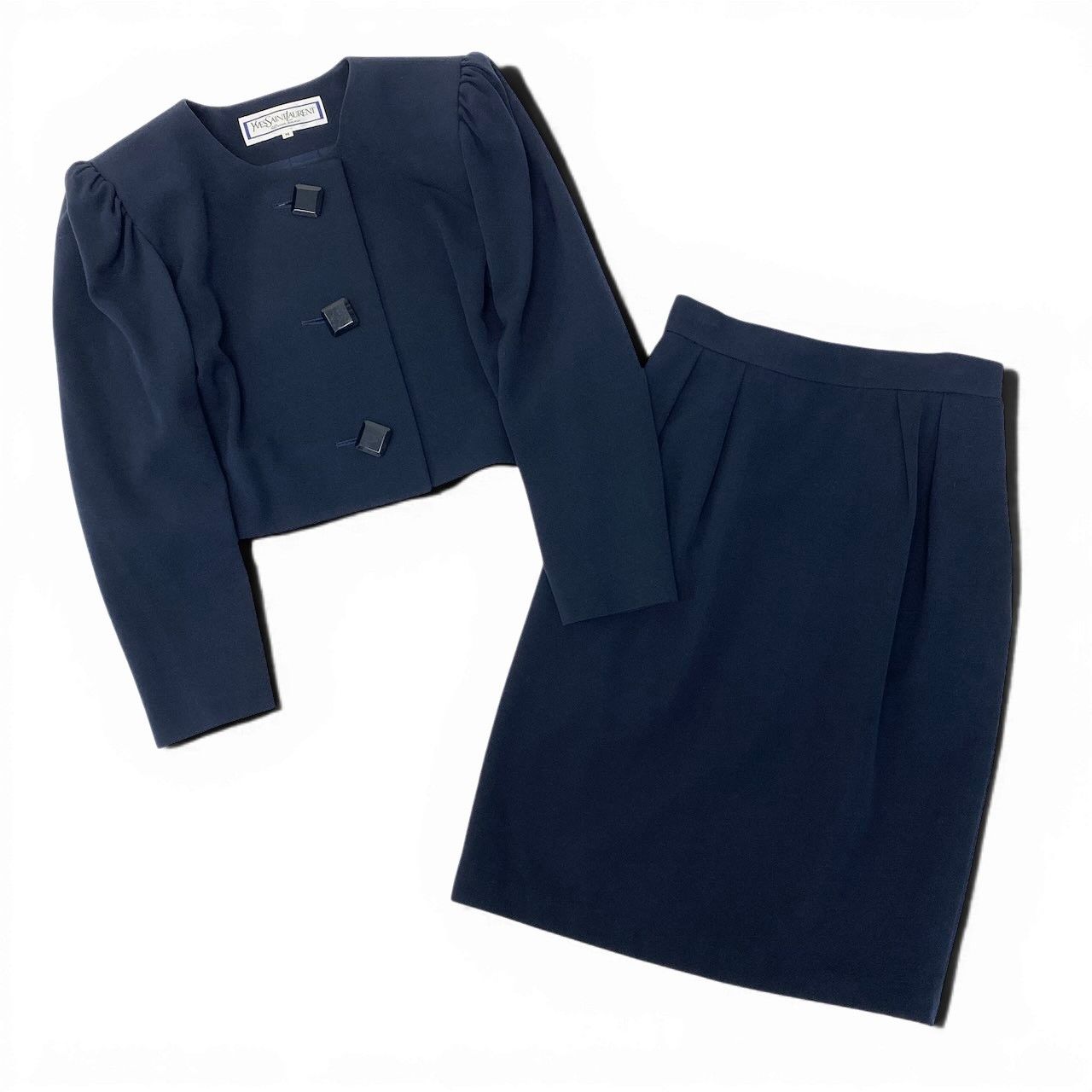 Saint Laurent Yves Set Skirt Collarless Jacket Tucked Navy Wool — view 2