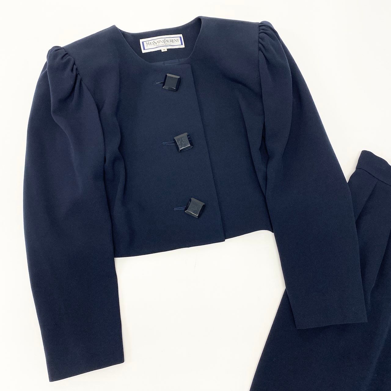 Saint Laurent Yves Set Skirt Collarless Jacket Tucked Navy Wool — view 3