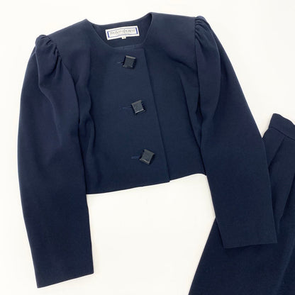 Saint Laurent Yves Set Skirt Collarless Jacket Tucked Navy Wool — view 3