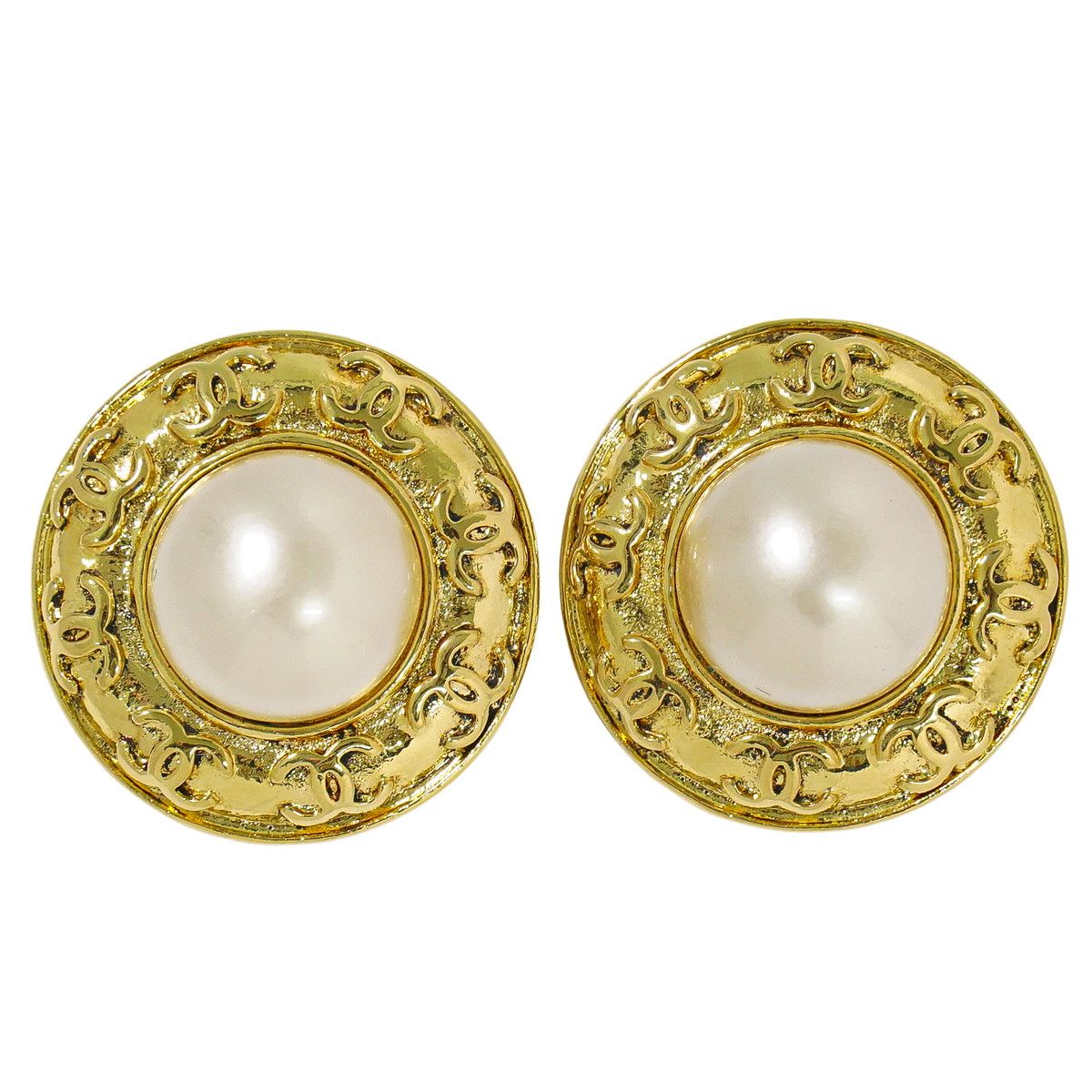 Chanel CC Logo Faux Pearl Earrings Gold Plated White