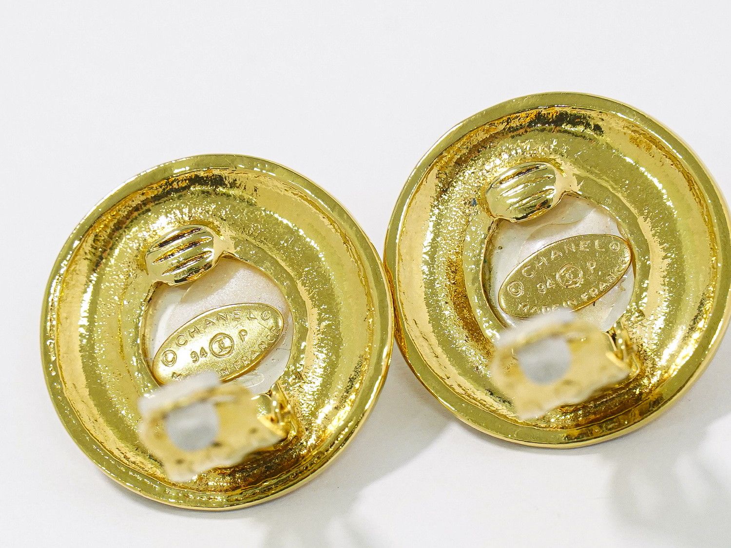 Chanel CC Logo Faux Pearl Earrings Gold Plated White — view 4