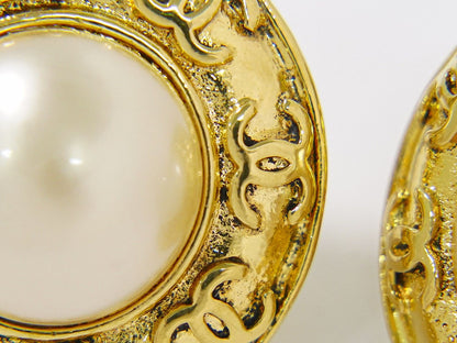 Chanel CC Logo Faux Pearl Earrings Gold Plated White — view 5