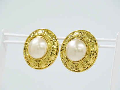Chanel CC Logo Faux Pearl Earrings Gold Plated White — view 7