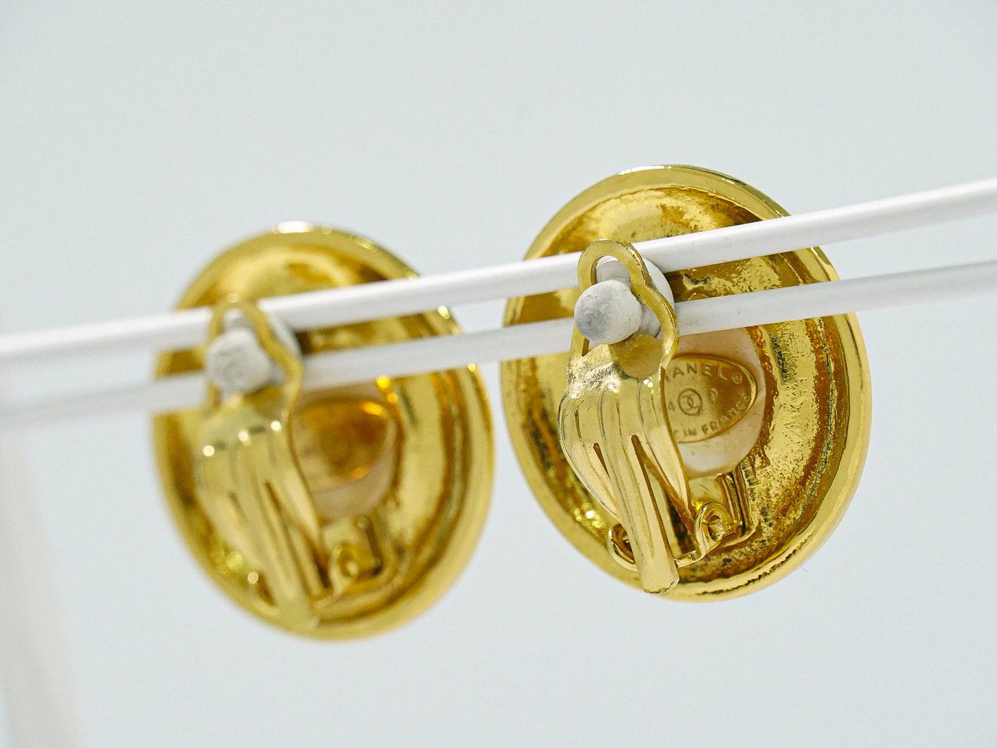 Chanel CC Logo Faux Pearl Earrings Gold Plated White — view 8