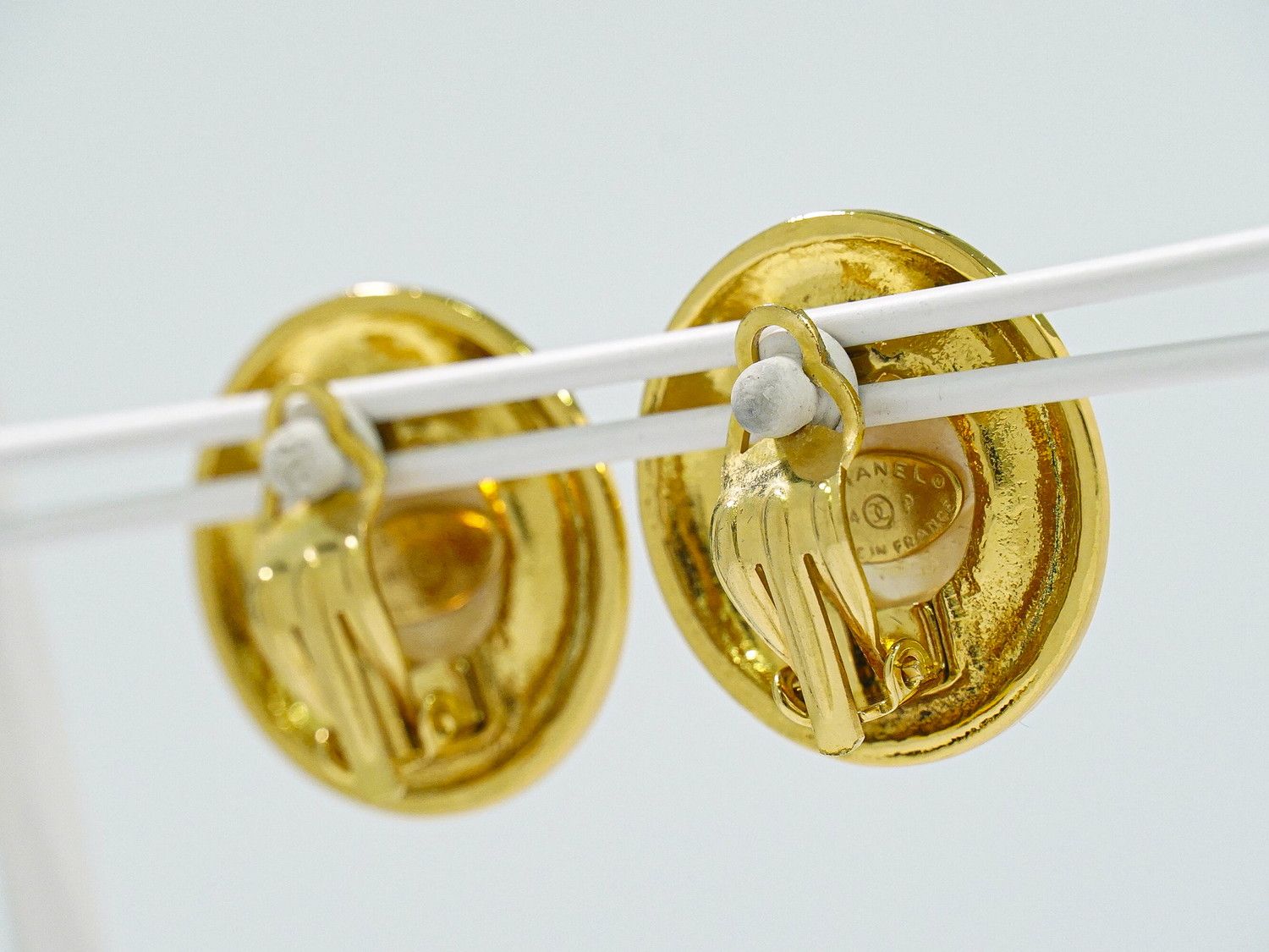 Chanel CC Logo Faux Pearl Earrings Gold Plated White — view 8