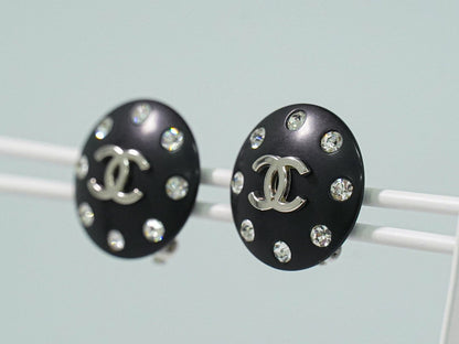 Chanel CC Logo Rhinestone Earrings Plastic Metal Silver Black — view 6