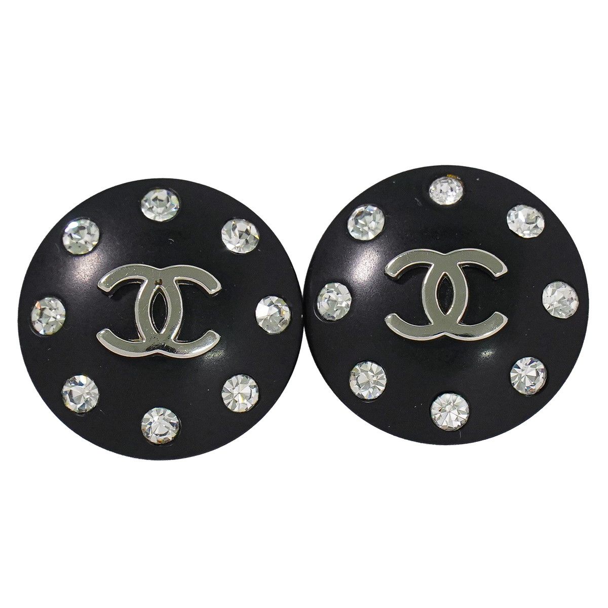 Chanel CC Logo Rhinestone Earrings Plastic Metal Silver Black