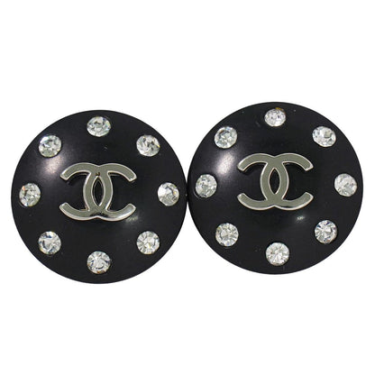 Chanel CC Logo Rhinestone Earrings Plastic Metal Silver Black