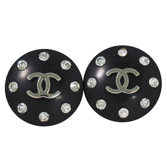 Chanel CC Logo Rhinestone Earrings Plastic Metal Silver Black