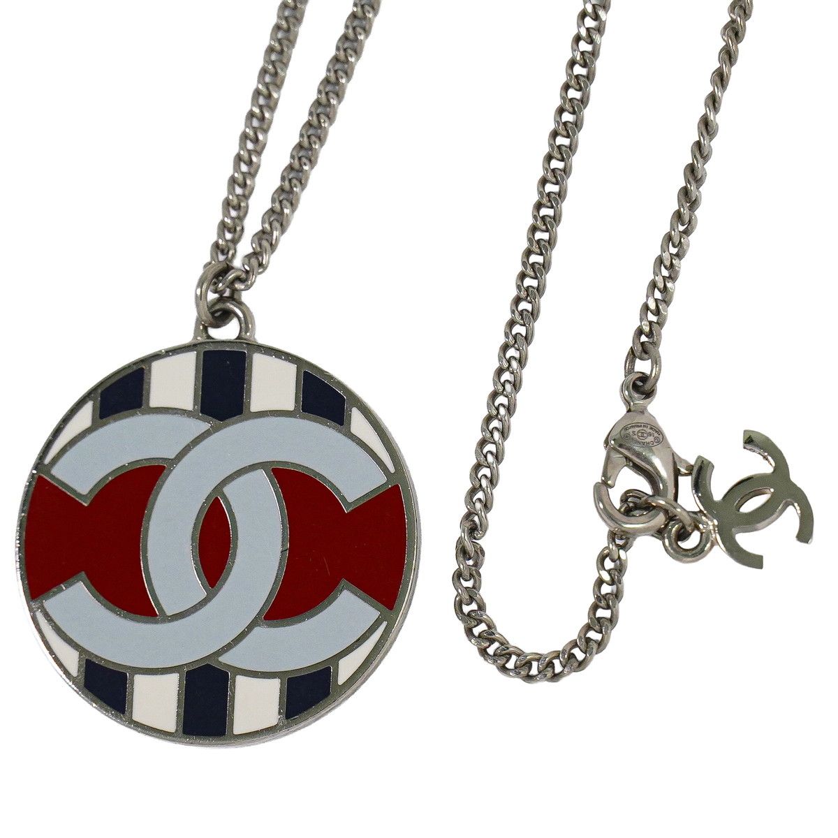 Chanel Air Line CC Logo Stripe Necklace Pendant Metal Silver Multicolor