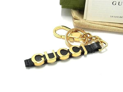 Gucci Logo Leather Key Holder Bag Charm Tree Ring Gold System Black