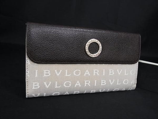 Bvlgari Bule Logo Leather Canvas Trifold Wallet Brown System Beige