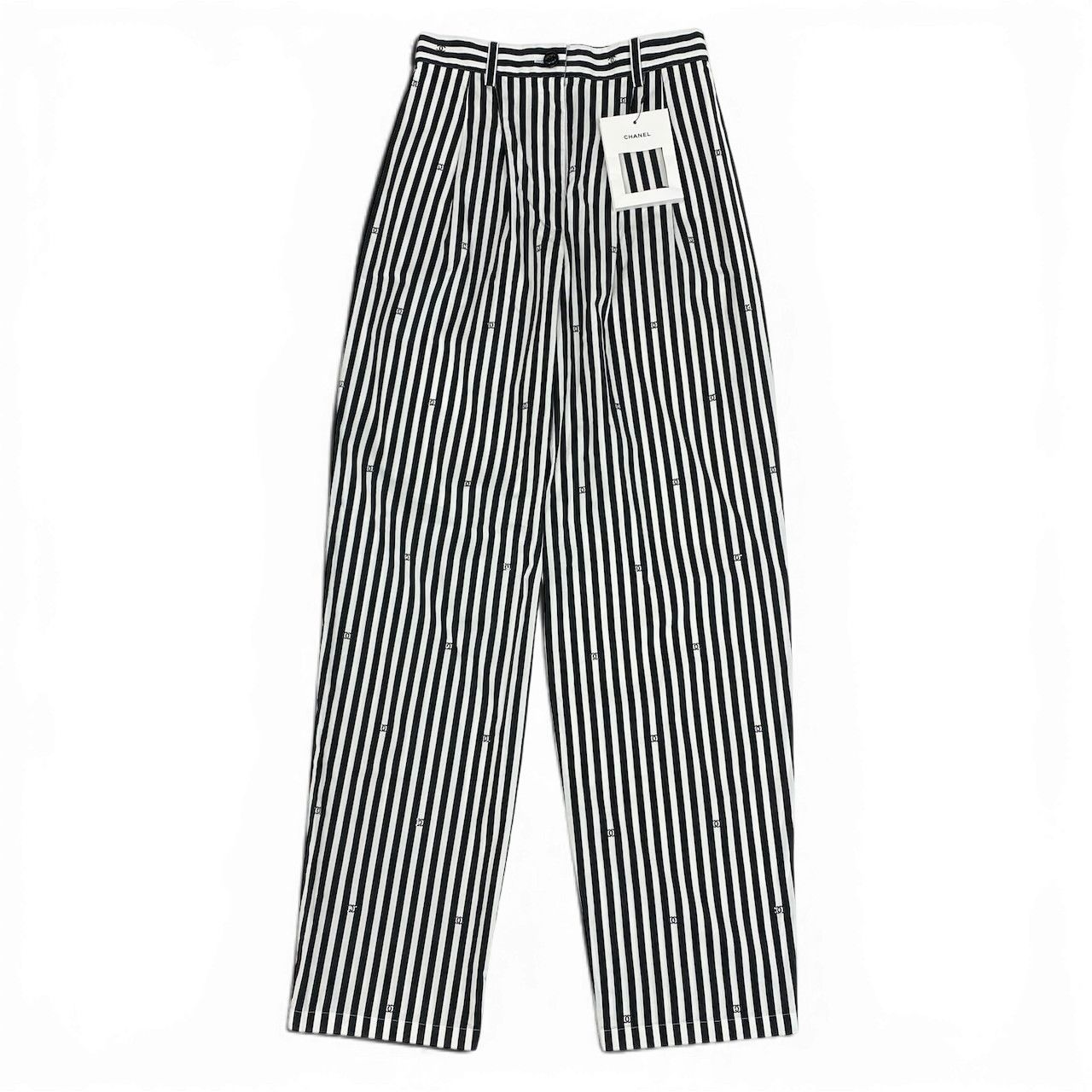 Chanel Kept Trousers Pants Rhinestone CC Logo Stripe 34 White Black