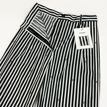 Chanel Kept Trousers Pants Rhinestone CC Logo Stripe 34 White Black — view 3