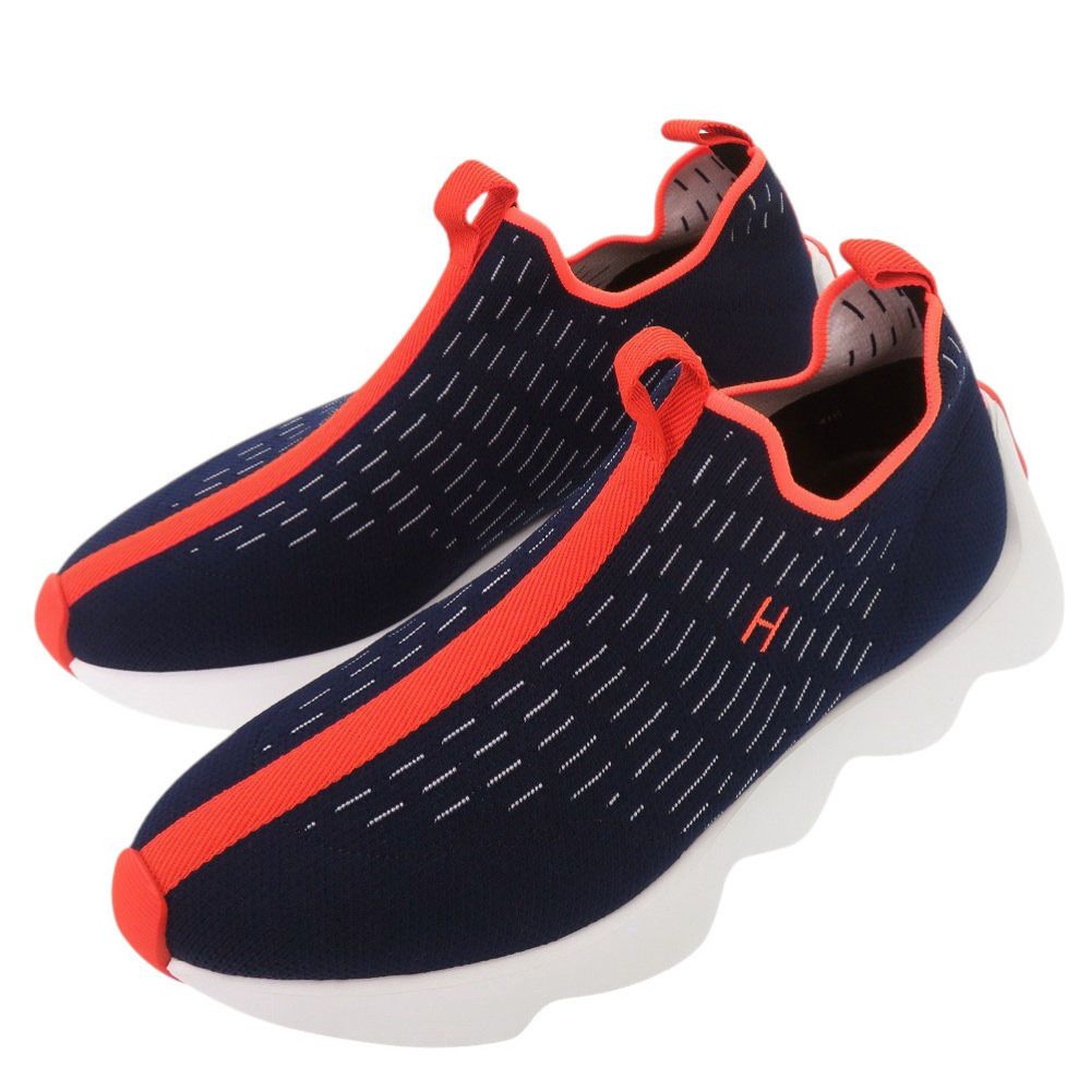 Hermes Cles Eclair Logo Knit Navy Orange White Sneakers Shoes