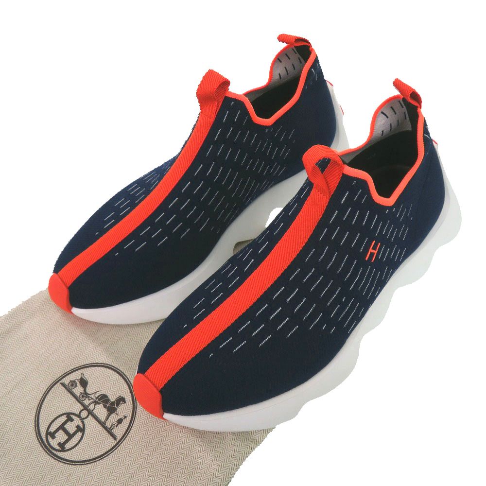 Hermes Cles Eclair Logo Knit Navy Orange White Sneakers Shoes — view 2
