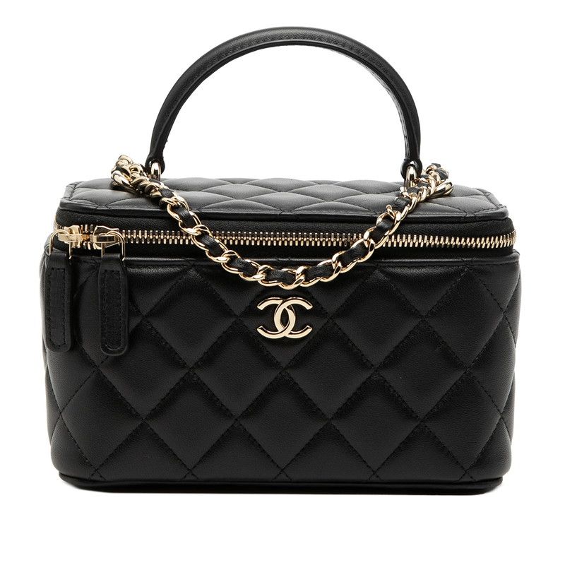 Chanel Quilted CC Logo Vanity Crossbody Shoulder Bag Black Gold Lambskin