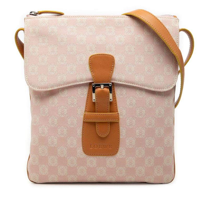 Loewe Anagram Crossbody Shoulder Bag Pink Brown Leather Canvas