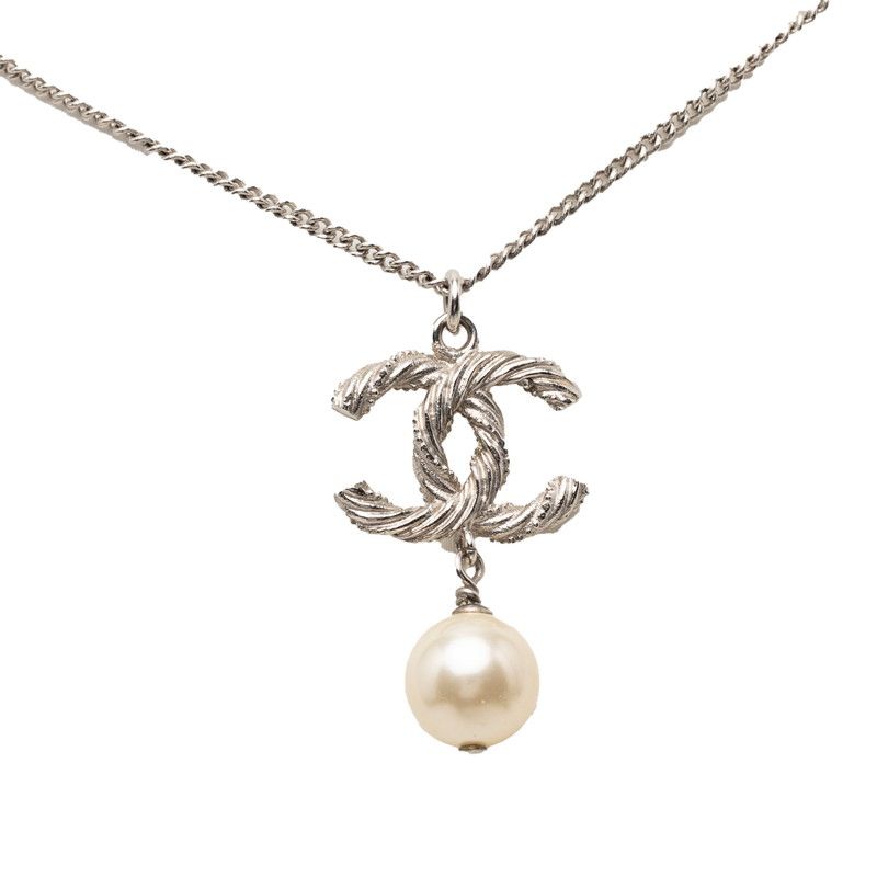 Chanel CC Logo Line Strike Necklace Silver tale Pearl — view 2