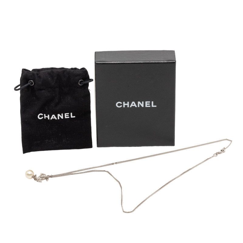 Chanel CC Logo Line Strike Necklace Silver tale Pearl — view 6
