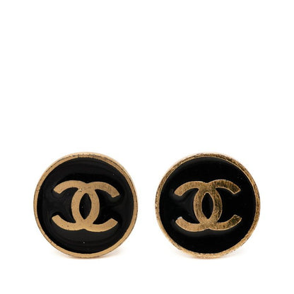 Chanel CC Logo Earrings Gold Black Plating Enamel