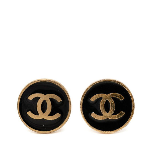Chanel CC Logo Earrings Gold Black Plating Enamel