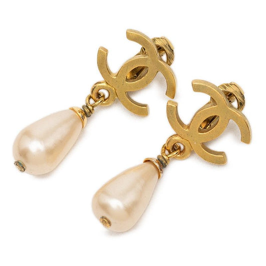 Chanel CC Logo Vintage Earrings Gold Plating Pearl