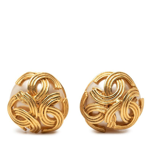 Chanel CC Logo lekoko Earrings 94 Vintage Gold Plating Pearl