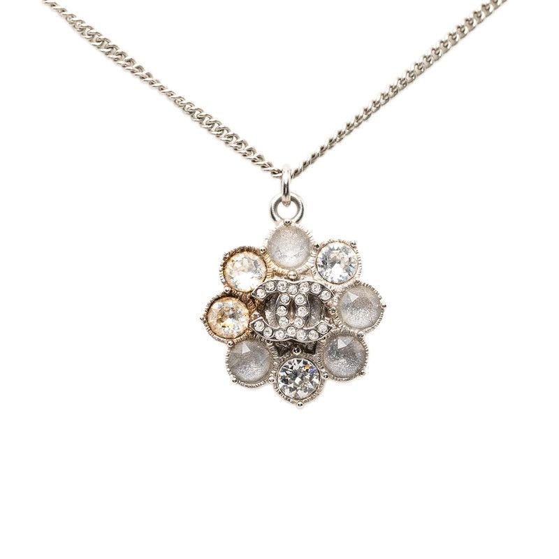 Chanel CC Logo Pendant Necklace Silver tale Line Strike