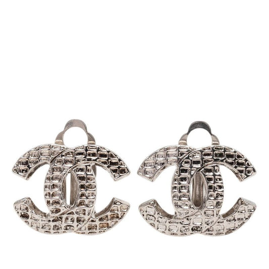 Chanel CC Logo Motif Earrings Silver tale