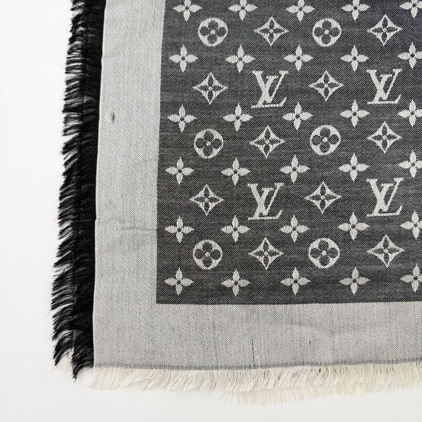 Louis Vuitton Monogram Shaw Silk Black Gray Vintage Scarf — view 6