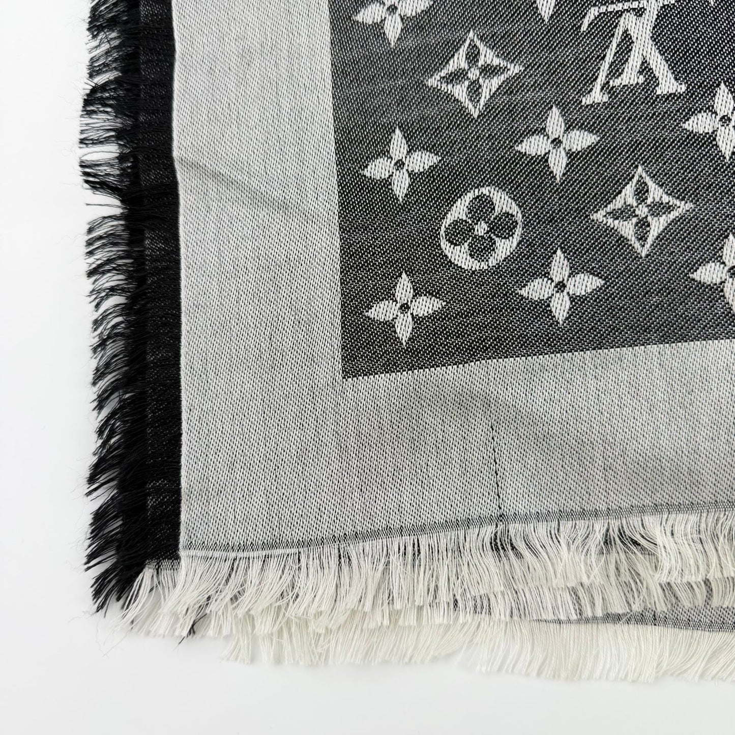 Louis Vuitton Monogram Shaw Silk Black Gray Vintage Scarf — view 7