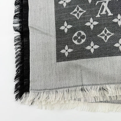 Louis Vuitton Monogram Shaw Silk Black Gray Vintage Scarf — view 7