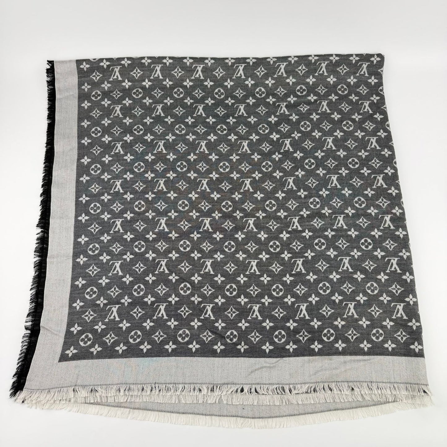 Louis Vuitton Monogram Shaw Silk Black Gray Vintage Scarf — view 4