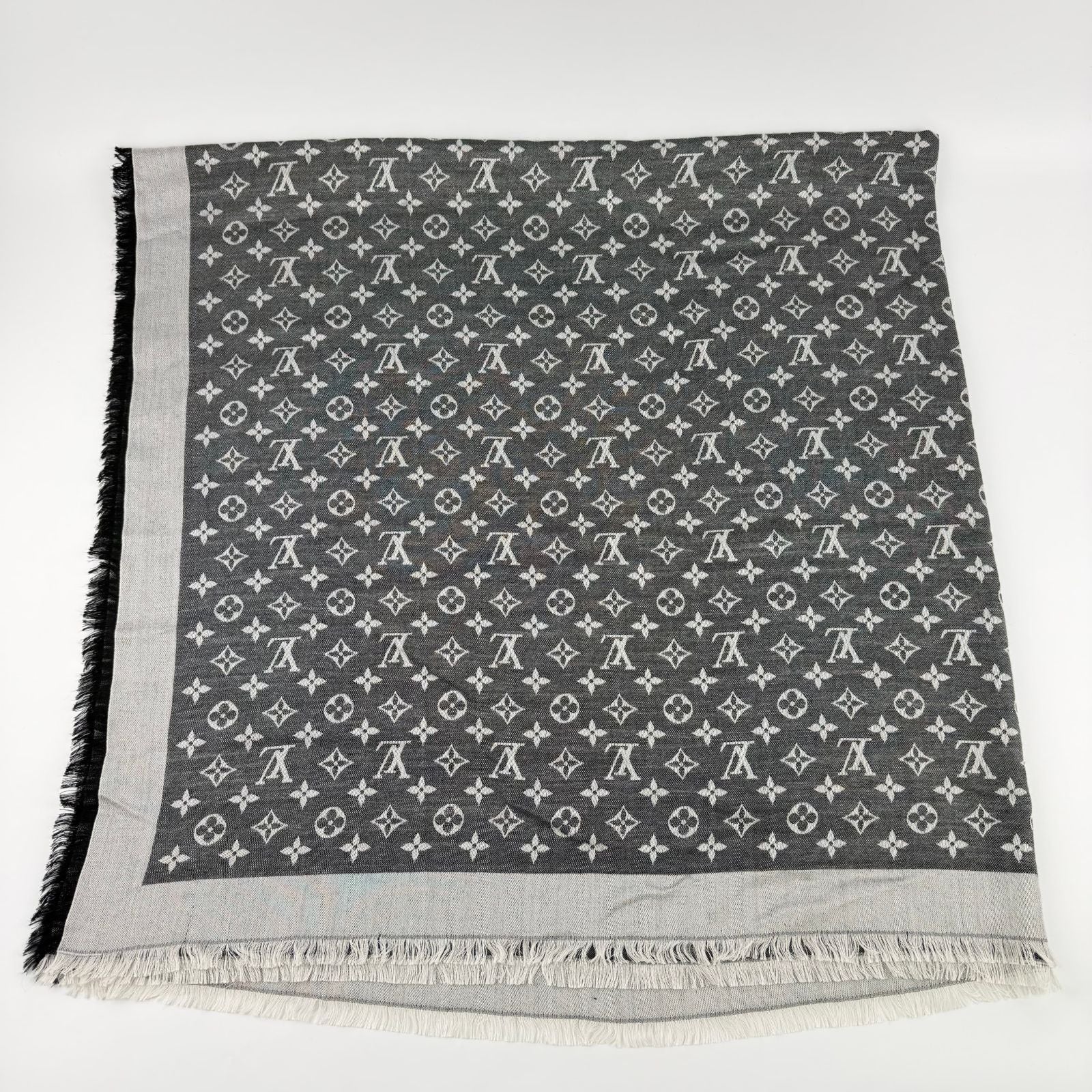 Louis Vuitton Monogram Shaw Silk Black Gray Vintage Scarf — view 4