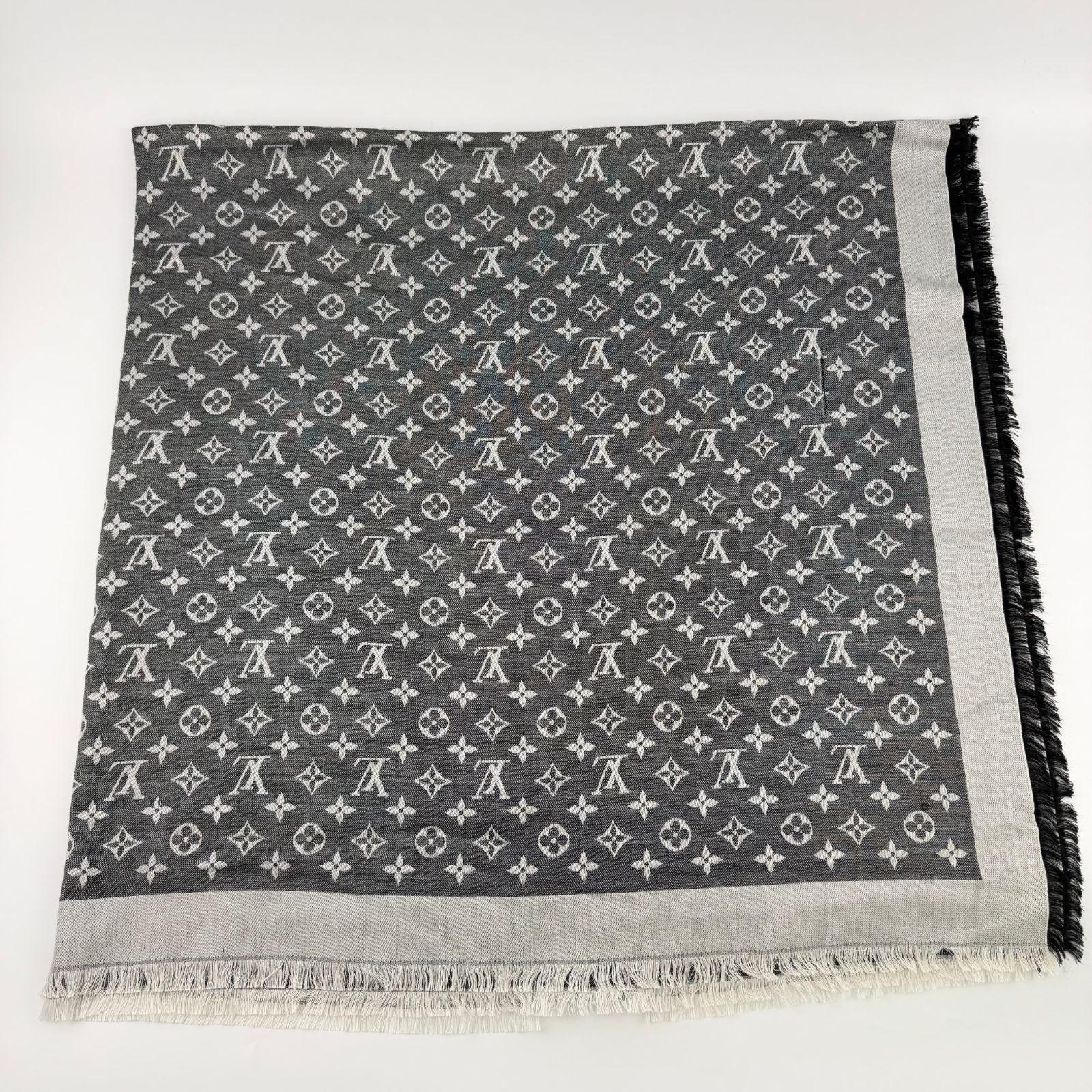 Louis Vuitton Monogram Shaw Silk Black Gray Vintage Scarf — view 5