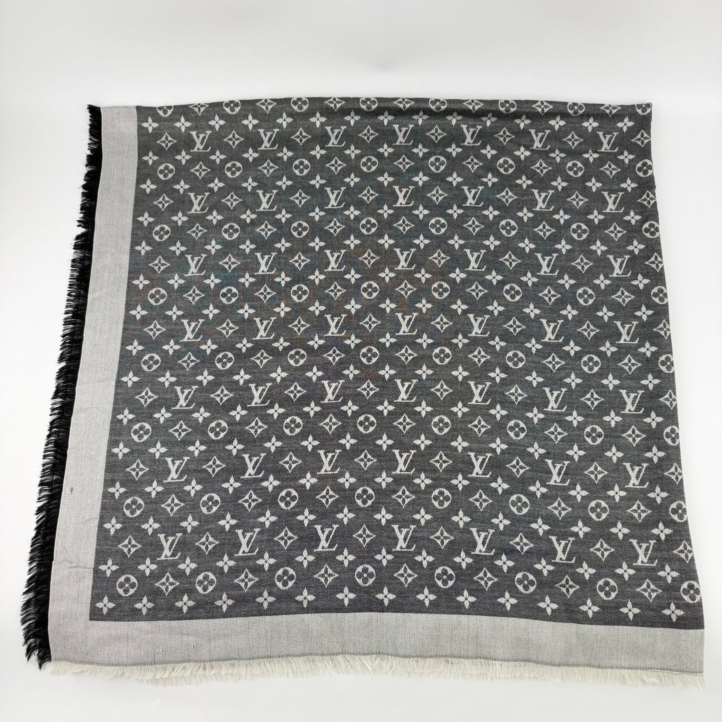 Louis Vuitton Monogram Shaw Silk Black Gray Vintage Scarf — view 2