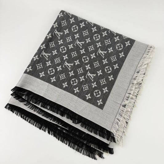 Louis Vuitton Monogram Shaw Silk Black Gray Vintage Scarf