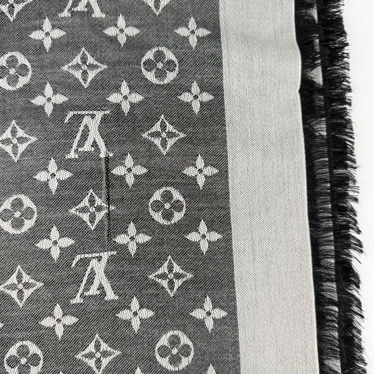 Louis Vuitton Monogram Shaw Silk Black Gray Vintage Scarf — view 8