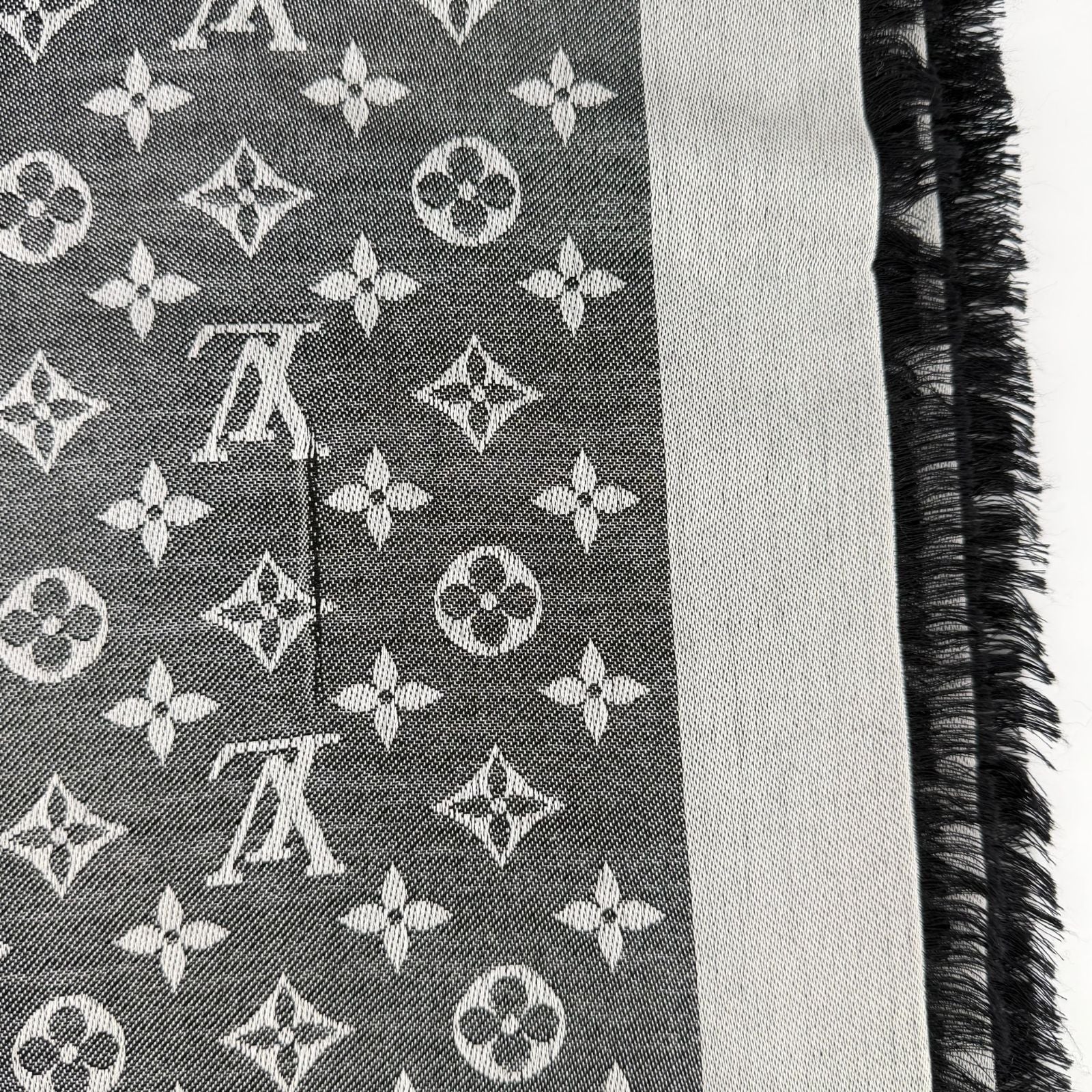 Louis Vuitton Monogram Shaw Silk Black Gray Vintage Scarf — view 8